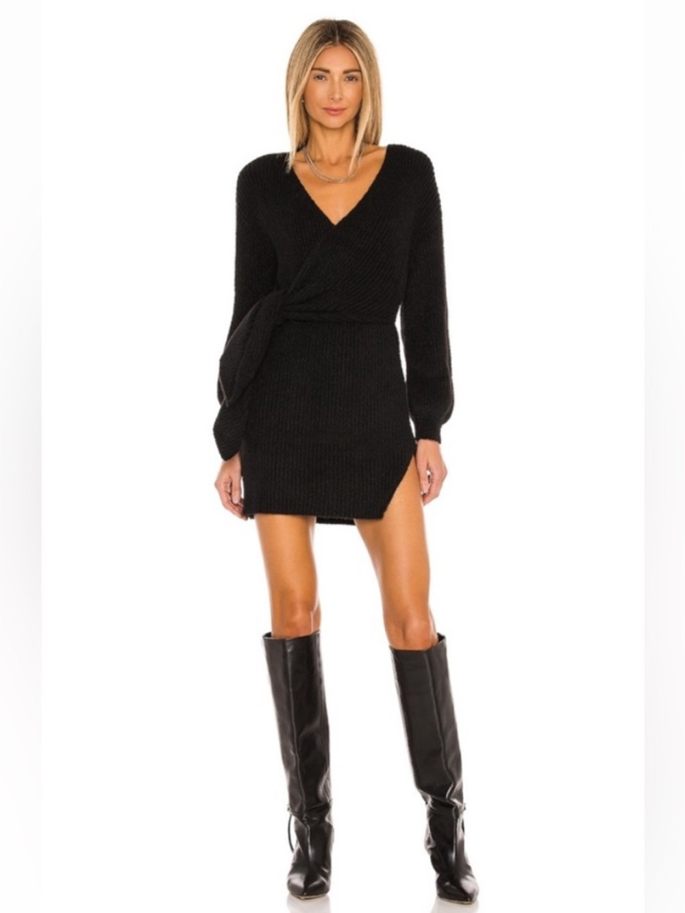 House of Harlow 1960 Mickey Dress in Black Long Sleeve Knit Minimalist Belted